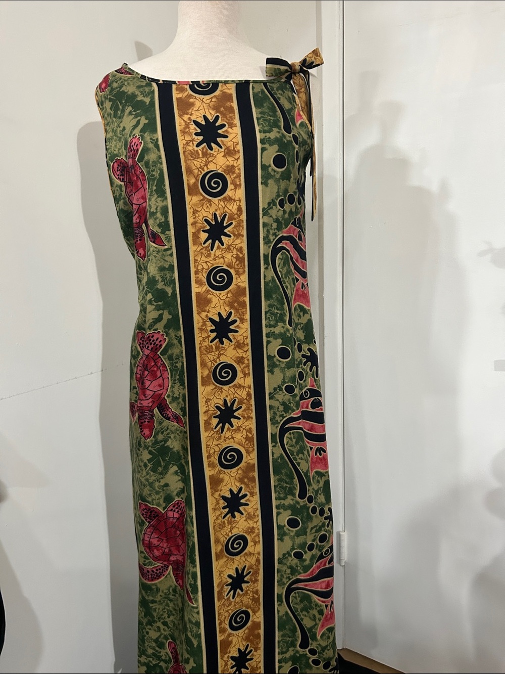 Green Turtle-Print Maxi Dress with Tie Shoulder